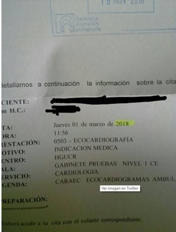 El hospital de Ciudad Real está dando citas para pruebas de carácter urgente para marzo de 2018