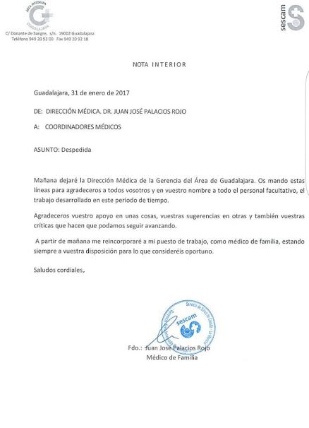 EL DIGITAL se ha hecho con la carta de despedida del director gerente del Área Médica de Guadalajara.