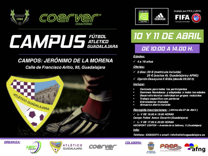 Inscripciones abiertas para el I Campus de Semana Santa del Atlético Guadalajara con metodología COERVER