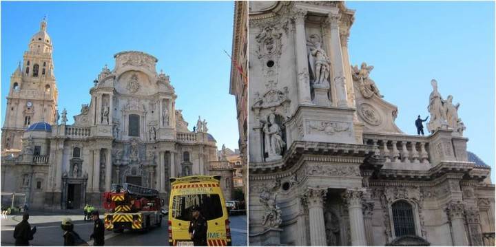 El hombre que amenazaba con lanzarse al vacío desde la Catedral de Murcia accede a bajar