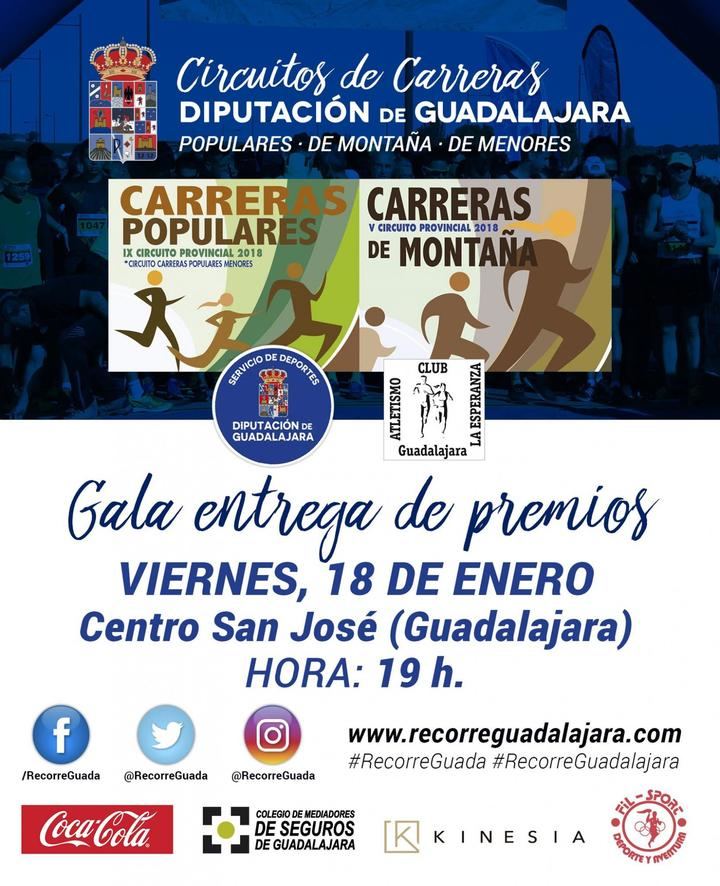 Este viernes, gala de los premios de los Circuitos de Carreras Populares y de Montaña de 2018 de Diputación de Guadalajara