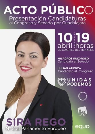 La candidata de "Unidas Podemos Cambiar Europa" Sira Rego al Parlamento Europeo visitará Guadalajara