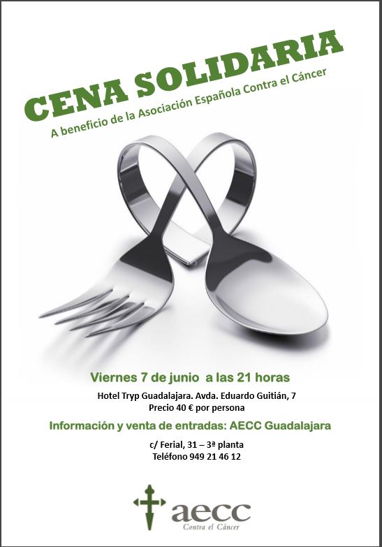 La AECC de Guadalajara convoca su cena solidaria para el próximo viernes 7 de junio