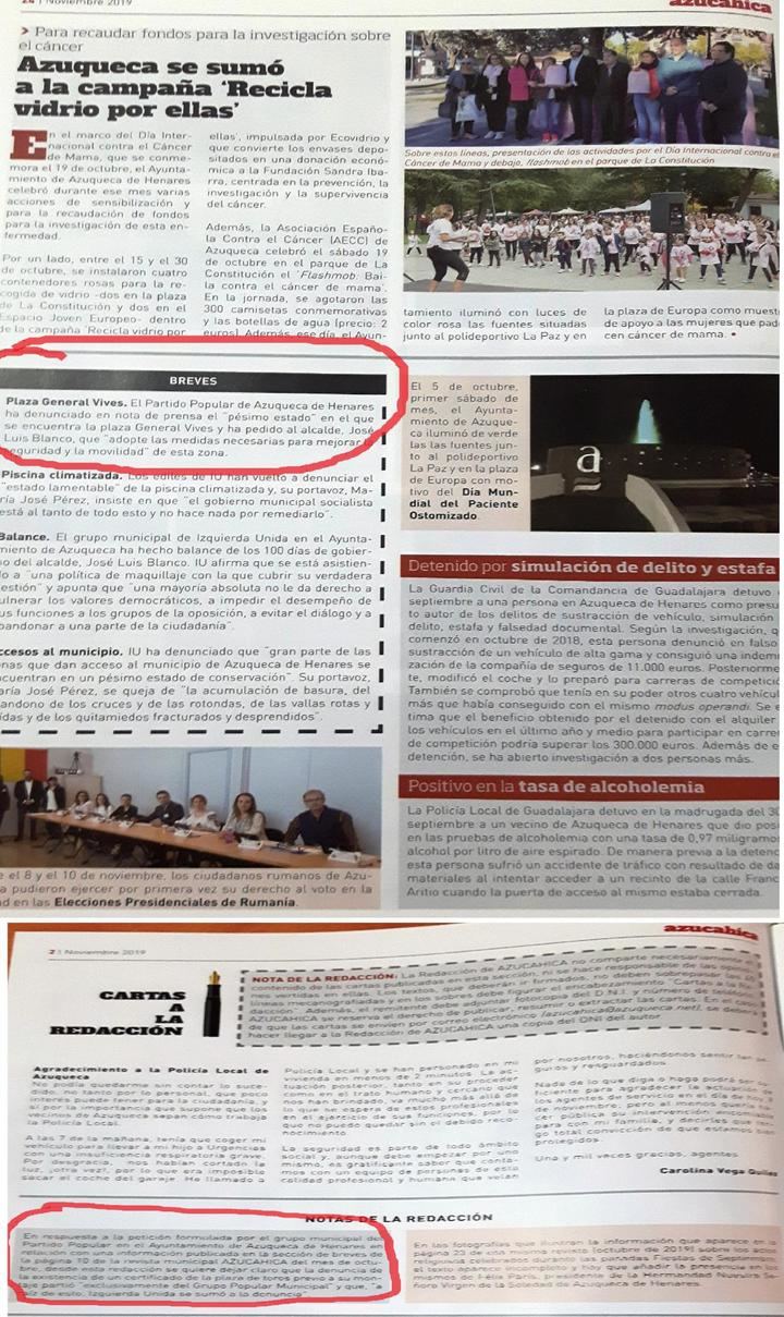 El Grupo Popular denuncia la ‘autopropaganda’ del alcalde de Azuqueca en la revista municipal, y reclama espacio en ‘Azucahica’ para el trabajo de la oposición