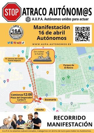 A.U.P.A comunica el recorrido de la Manifestación de autónomos del este domingo16 de abril en Madrid