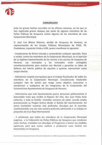 Comunicado del Ayuntamiento de Azuqueca ante los graves hechos ocurridos con las Peñas Públicas del municipio