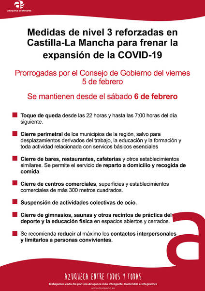 Siguen las medidas especiales NIVEL 3 REFORZADAS para tratar de frenar el Coronavirus también en Azuqueca