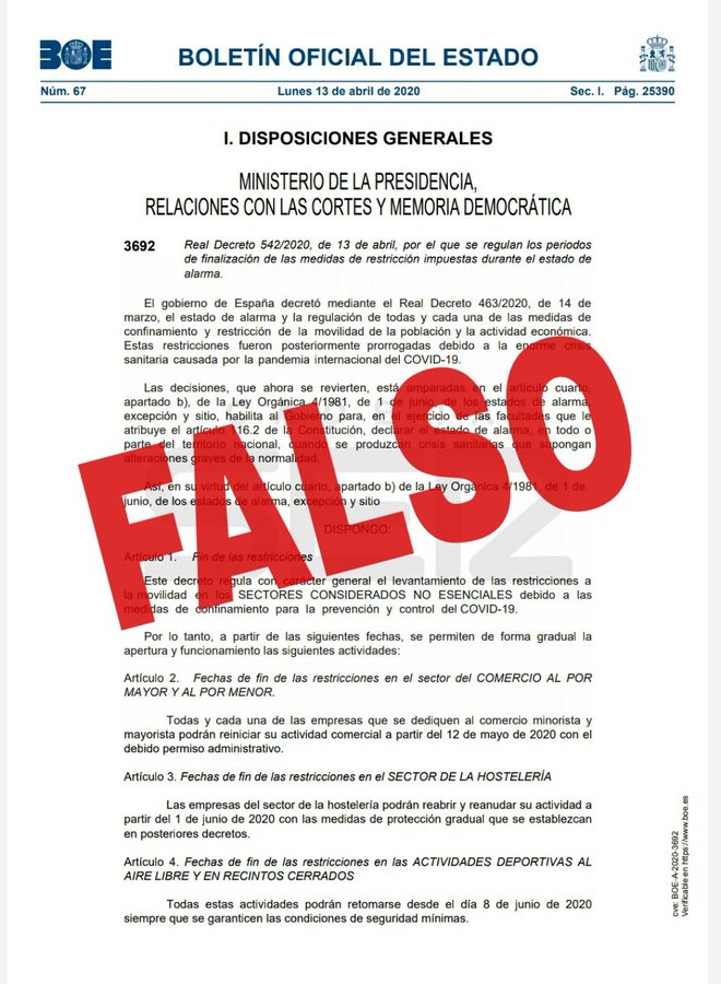 El Gobierno advierte de un bulo sobre las fechas del fin de las restricciones del estado de alarma