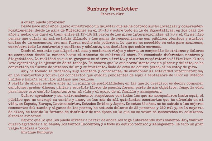 Bunbury anuncia que se retirará de los escenarios por problemas de garganta