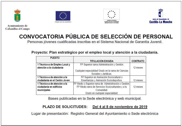 Atención, el Ayuntamiento de Cabanillas ofrece tres puestos de trabajo para personas de 18 a 30 años inscritas en Garantía Juvenil