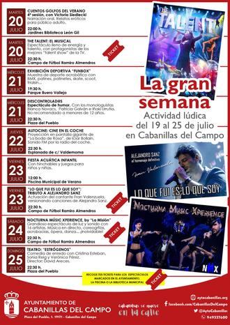 Del 19 al 25 de julio, semana de grandes espectáculos en el programa sociocultural del verano en Cabanillas