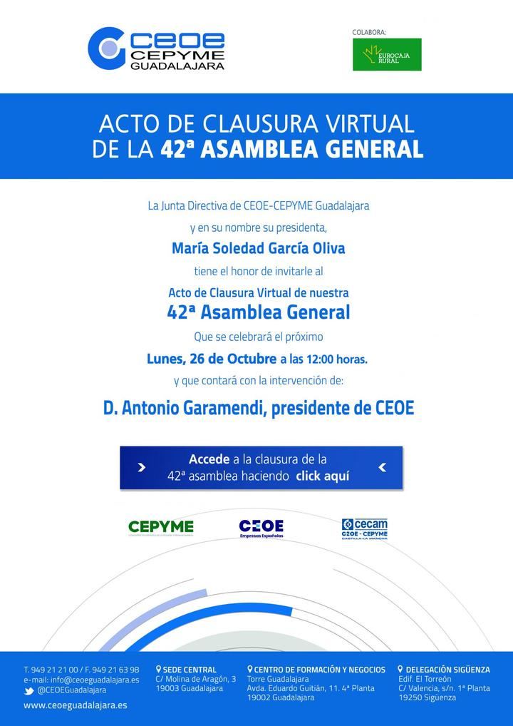 CEOE-CEPYME Guadalajara celebra su 42 Asamblea General, de manera virtual, el próximo lunes 26 de octubre