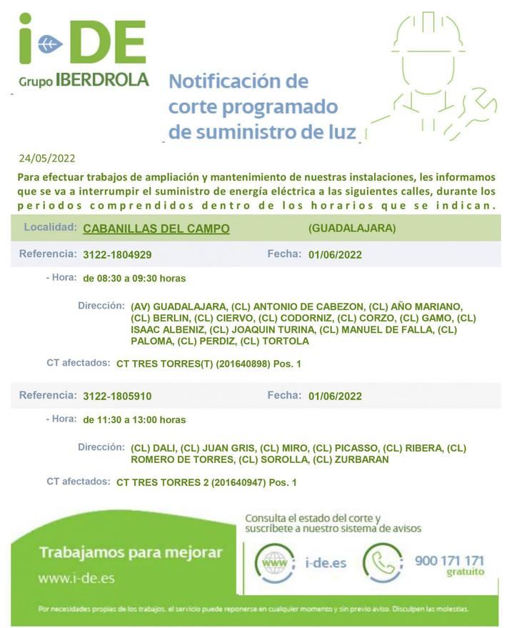 Cortes programados de luz que ha comunicado Iberdrola para el próximo 1 de junio en Cabanillas
