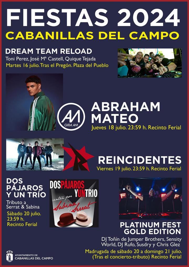 Abraham Mateo, Reincidentes, tributo a Serrat y Sabina, y la sesión dance Platinum Fest, grandes actuaciones de las Fiestas de Cabanillas 2024