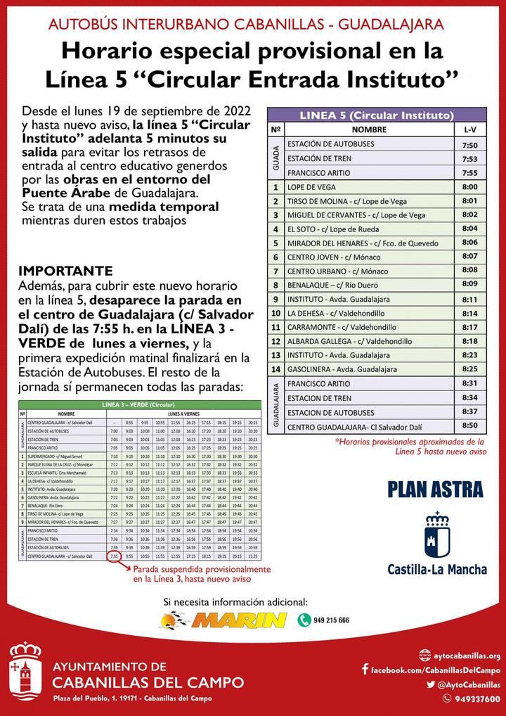 Se adaptan temporalmente los horarios del autobús del instituto de Cabanillas, para evitar los retrasos que genera la obra del Puente Árabe de Guadalajara