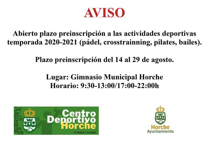 Abierta la preinscripción para las actividades deportivas de la temporada 2020-21 organizadas por el Ayuntamiento de Horche