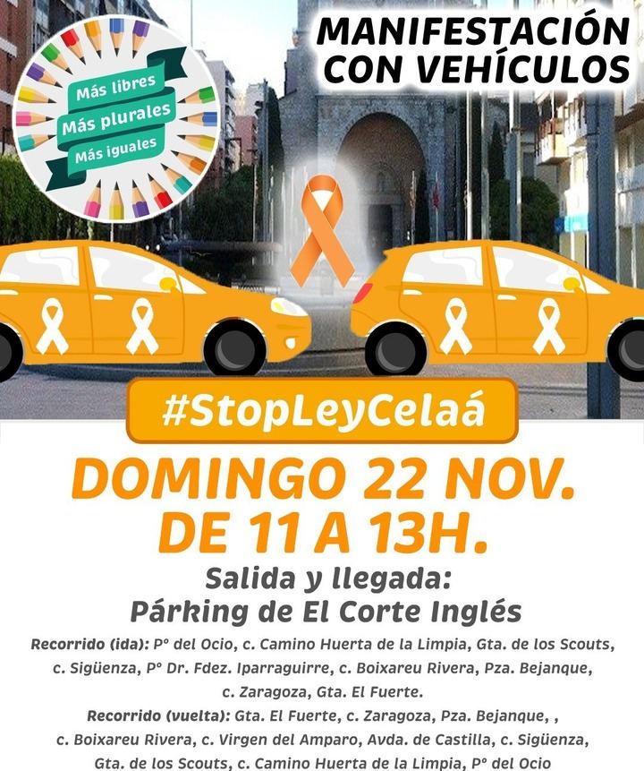 Convocan una Manifestación con Coches en Guadalajara contra la Ley Celaá este domingo 22 de noviembre