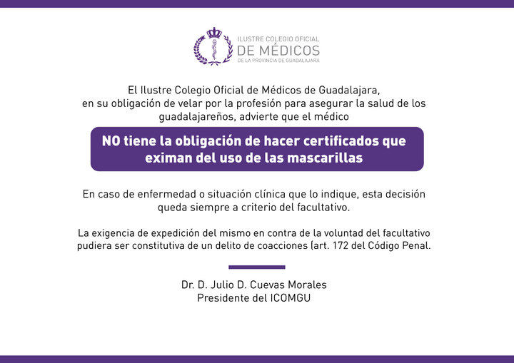 El ICOMGU recuerda: el médico no tiene la obligación de hacer certificados que eximan del uso de las mascarillas