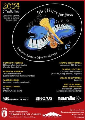 El ciclo de conciertos didácticos 2024 se centrará en Cabanillas en la música clásica, con ocho actuaciones en la Casa de la Cultura de febrero a diciembre