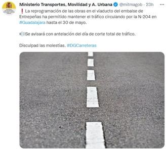 Información sobre afectación al tráfico de obras de reparación del viaducto de Entrepeñas en la N-204