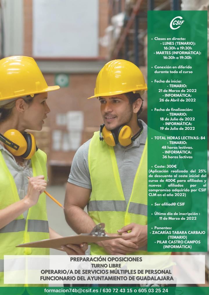 Preparación de Oposiciones Operario/a Servicios Múltiples en el Ayuntamiento de Guadalajara