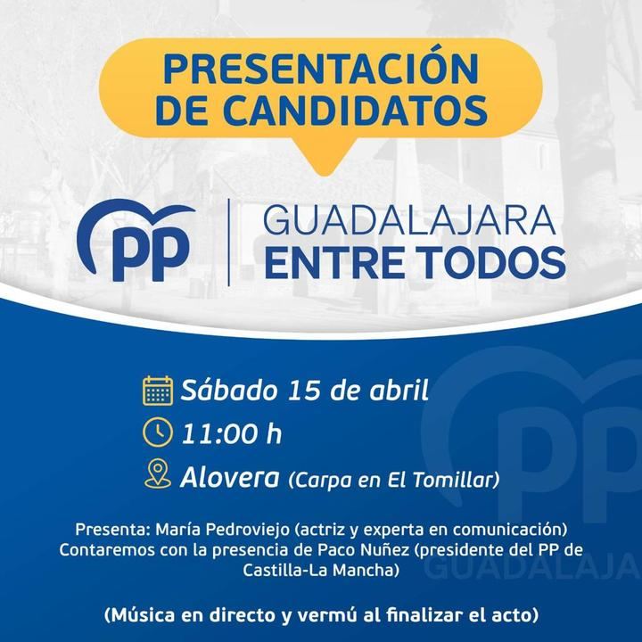 El PP celebra mañana un gran acto en Alovera donde presentará a candidatos de municipios de más de 1.000 habitantes
