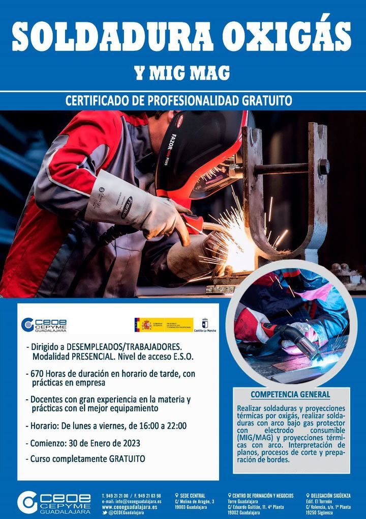 Abierto el plazo de inscripción para el curso gratuito de “Soldadura exigís y MIG MAG' de CEOE CEPYME de Guadalajara