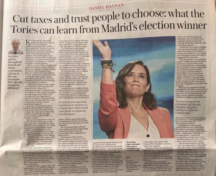 El diario británico The Telegraph elogia la gestión de Ayuso en Madrid : "La Margaret Thatcher que BAJA impuestos"