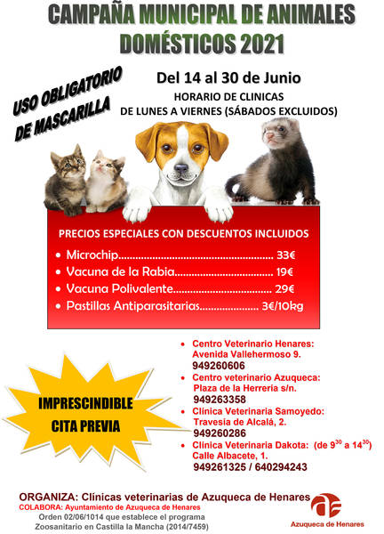 La campaña municipal de vacunación de animales domésticos en Azuqueca se hará entre el 14 y el 30 de junio