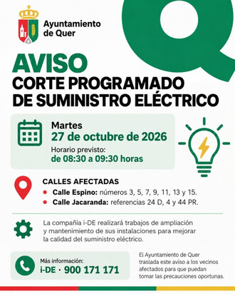 Prevén un corte eléctrico en varias calles de Quer el 27 de octubre