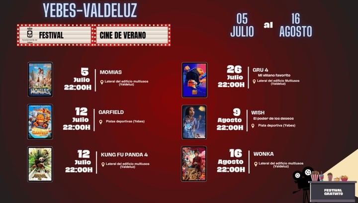 Cine de Verano 2025: películas gratuitas al aire libre en Yebes y Valdeluz