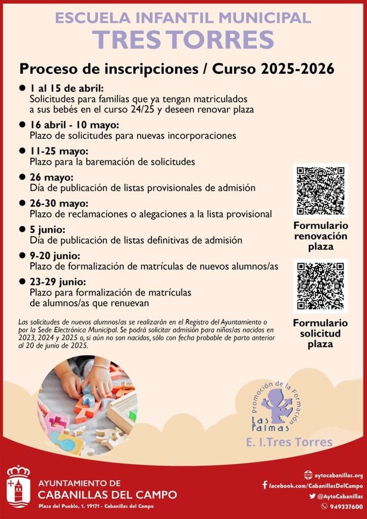 Inicio del proceso de matrícula en la Escuela Infantil Municipal de Cabanillas