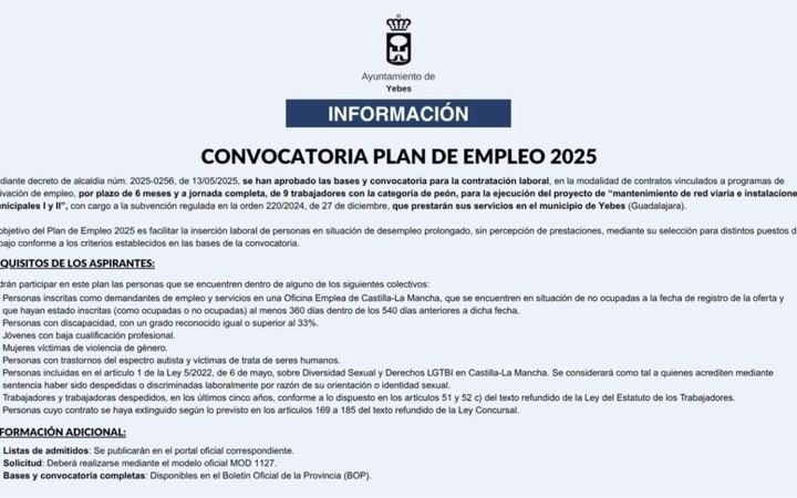 Convocatoria de empleo para Yebes en 2025