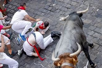 Catorce heridos y una grave cornada en la cara en el quinto encierro de San Fermín