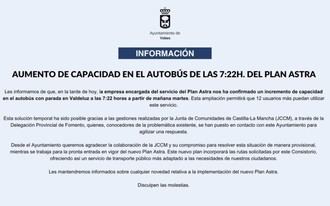 Aumenta la capacidad del autobús de las 7:22h en el Plan Astra