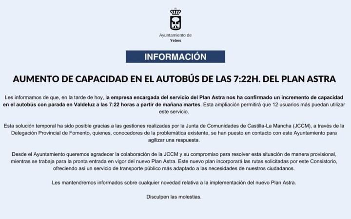 Aumenta la capacidad del autobús de las 7:22h en el Plan Astra