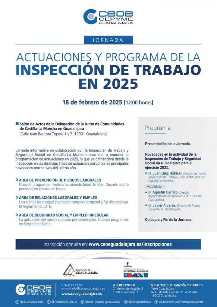 CEOE-CEPYME Guadalajara organiza la Jornada Actuaciones y programa de la inspección de trabajo en 2025