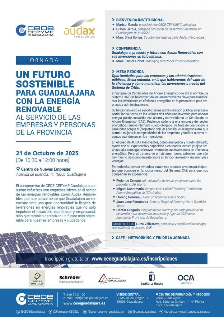 CEOE-CEPYME Guadalajara y AUDAX RENOVABLES organizan una jornada para hablar de la transición energética en la provincia