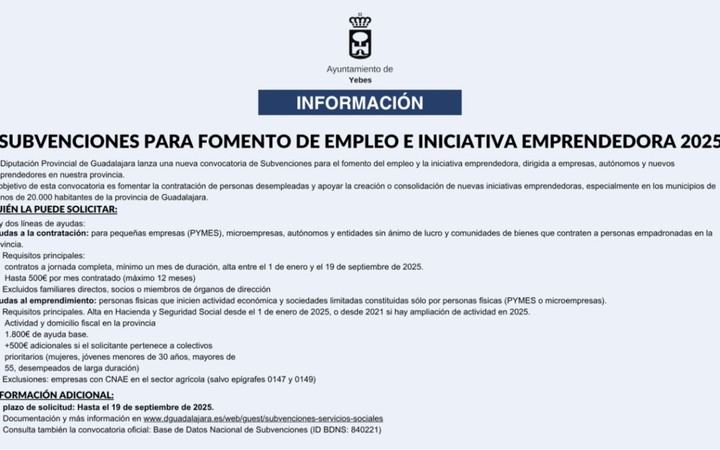 Convocan subvenciones 2025 para impulsar empleo y emprendimiento en Guadalajara