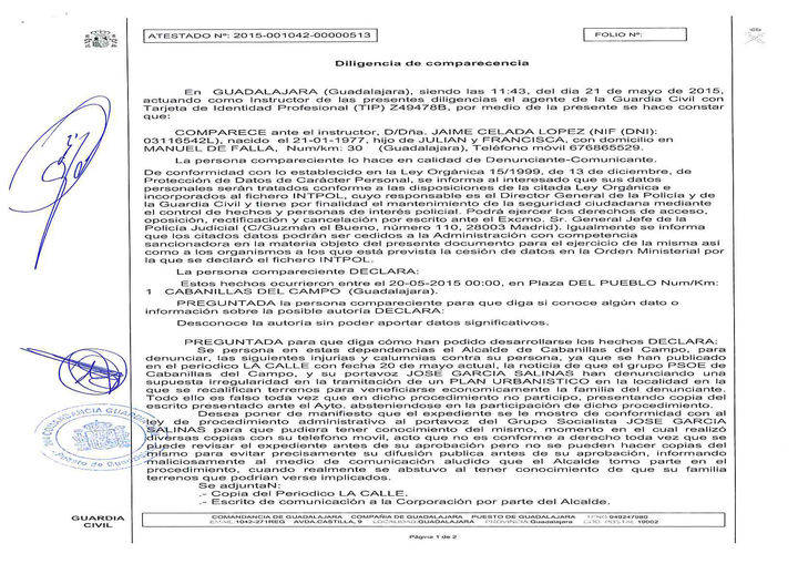 Jaime Celada denuncia al PSOE, a José García Salinas y a La Calle por un presunto delito de injurias y calumnias y por difundir un expediente sin autorización