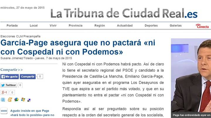 Las declaraciones de Page en La Tribuna de Ciudad Real, del 17 de mayo de 2015, donde el socialista vuelve a mentir a los castellanomanchegos