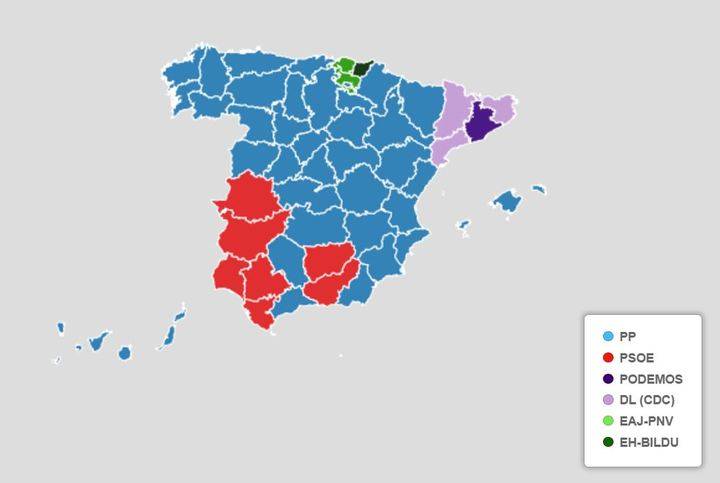 España, por fuerzas más votadas en cada provincia, según ABC.