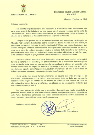 El alcalde de Albacete pide por carta a Page que no suprima los pediatras los sábados por la mañana
