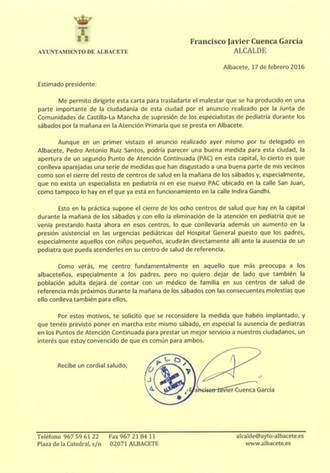 El alcalde de Albacete pide por carta a Page que no suprima los pediatras los sábados por la mañana