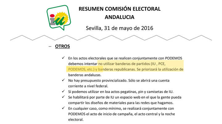 Documento al que ha tenido acceso EL ESPAÑOL está titulado Resumen Comisión Electoral Andalucía, lleva membrete de Izquierda Unida y está fechado en Sevilla el 31 de mayo del 2016