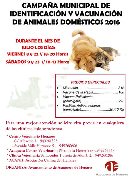 Este viernes, comienza la campaña anual de vacunación e identificación de mascotas en Azuqueca