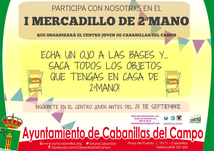 El Ayuntamiento organiza el I Mercadillo de Segunda Mano de Cabanillas, el próximo 2 de octubre