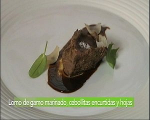 LOMO DE GAMO MARINADO EN JUGO FERMENTADO DE PIÑA, CEBOLLLITAS ENCURTIDAS Y HOJAS ÁCIDAS