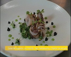 GUISO DE TRIGUEROS CON MORCILLA, MIEL, HIERBABUENA Y CHIPIRÓN DE ANZUELO